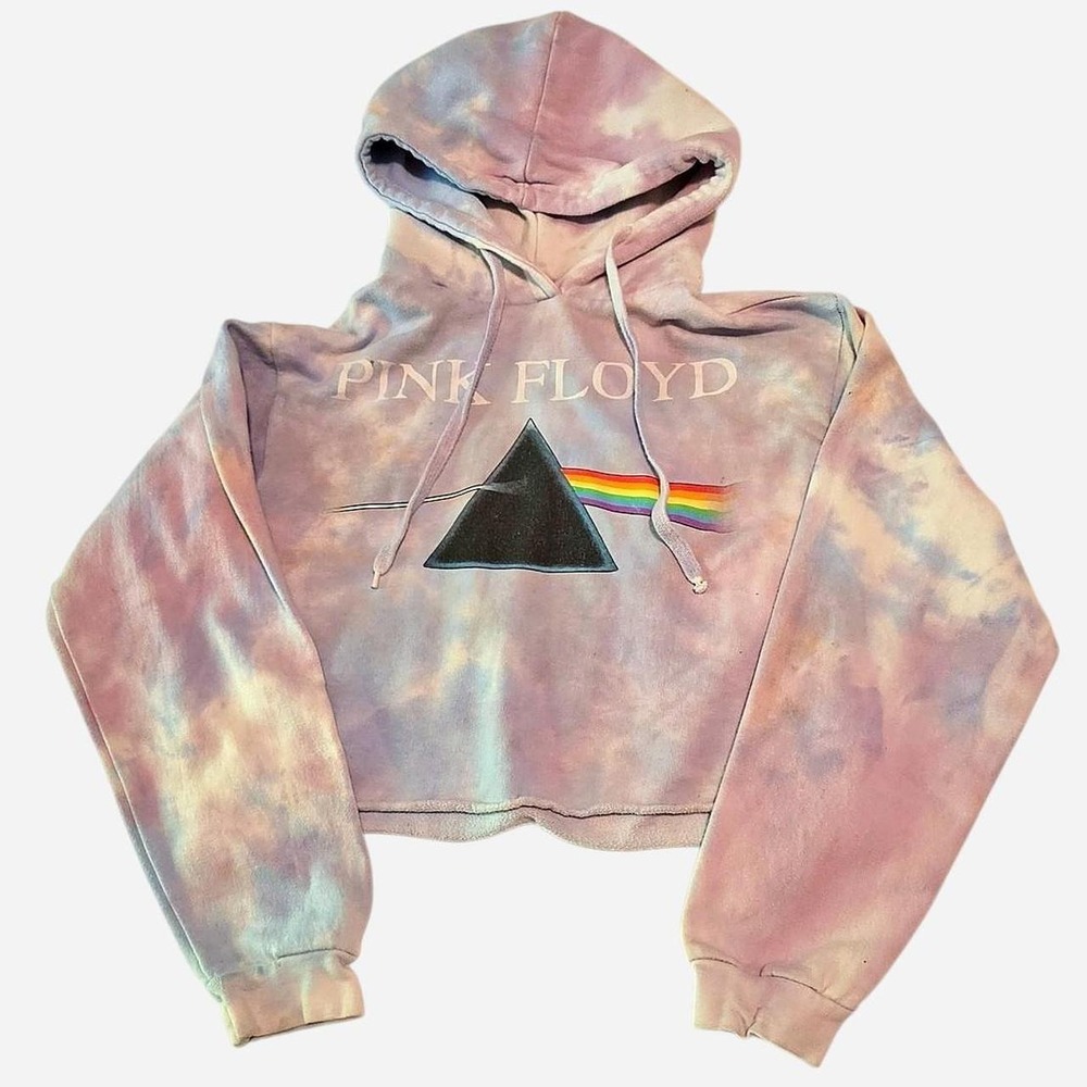 Pink Floyd tie-dye crop top hoodie with rainbow prism graphic, size S